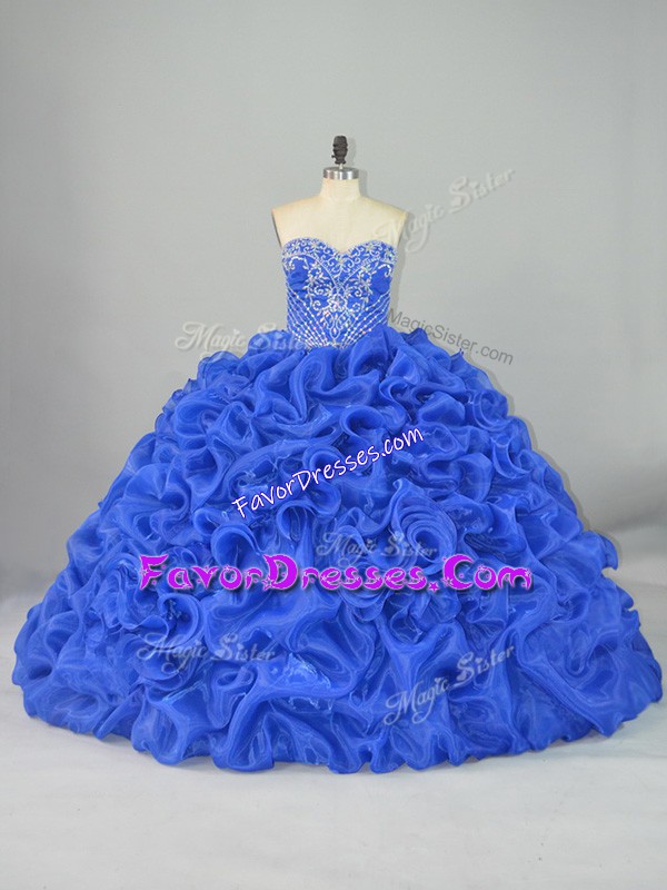 Fashionable Blue Quince Ball Gowns Organza and Elastic Woven Satin Brush Train Sleeveless Beading and Pick Ups