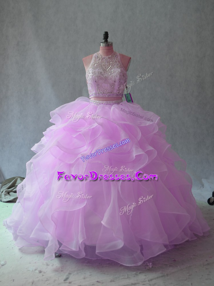  Floor Length Lilac 15th Birthday Dress Halter Top Sleeveless Backless