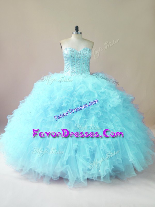 Admirable Aqua Blue Sleeveless Beading and Ruffles Floor Length Quince Ball Gowns
