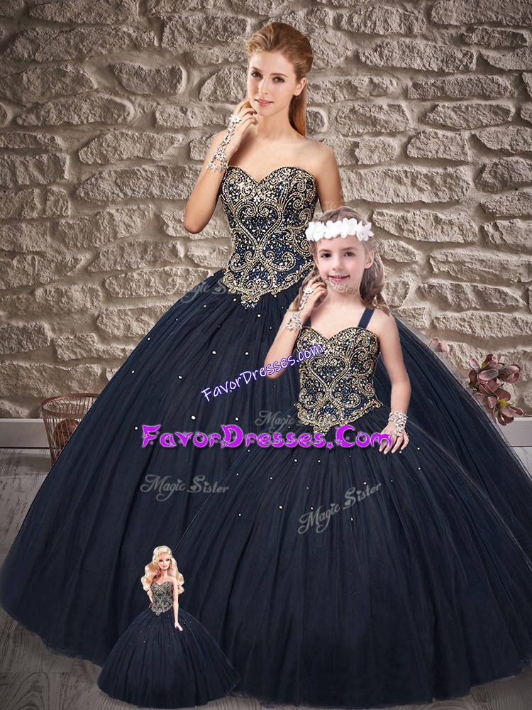 Lovely Sleeveless Beading Lace Up 15 Quinceanera Dress with Navy Blue Brush Train