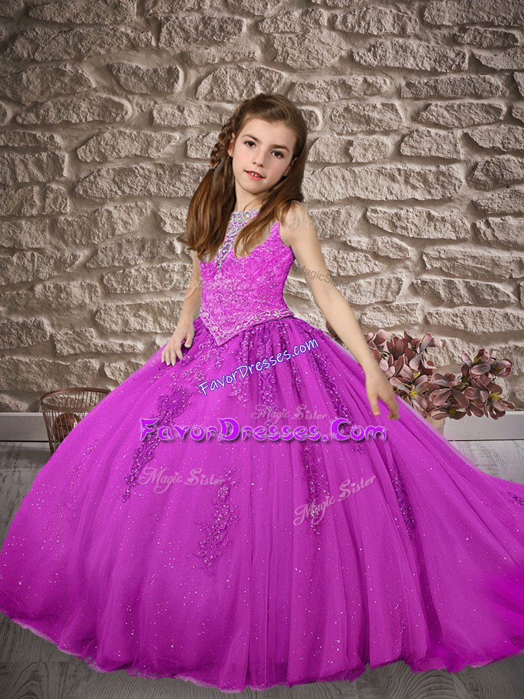  Lilac Tulle Zipper Scoop Sleeveless Little Girls Pageant Dress Wholesale Brush Train Beading and Appliques