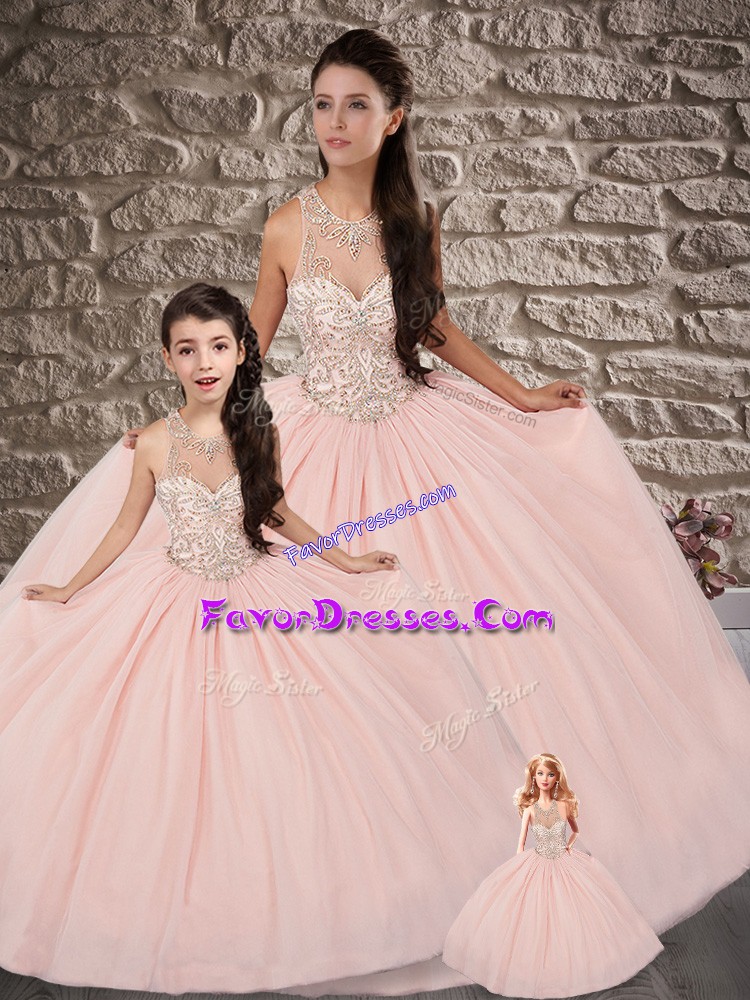  Baby Pink Ball Gowns Tulle Scoop Sleeveless Beading Lace Up 15 Quinceanera Dress Brush Train
