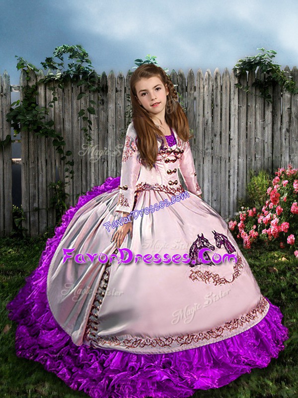 New Style White Satin and Organza Lace Up Kids Formal Wear Sleeveless Sweep Train Embroidery and Ruffles