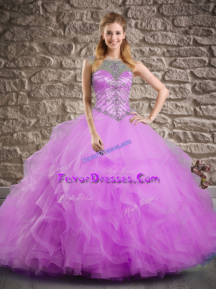 Best Lilac Lace Up 15th Birthday Dress Beading and Ruffles Sleeveless Brush Train