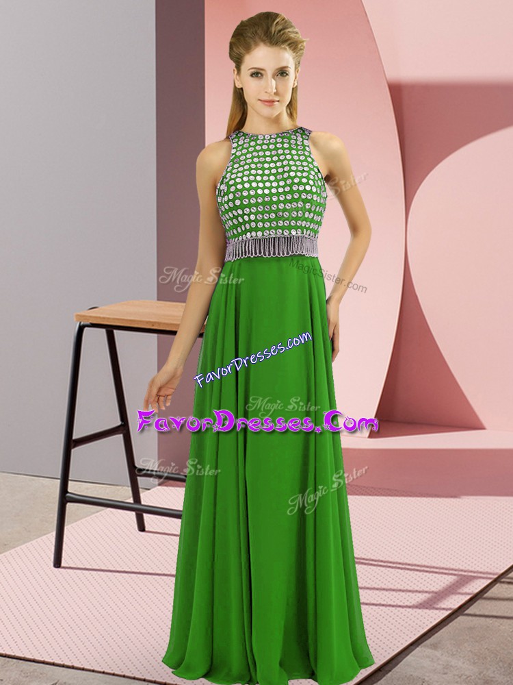  Green Chiffon Side Zipper Homecoming Dress Sleeveless Floor Length Beading