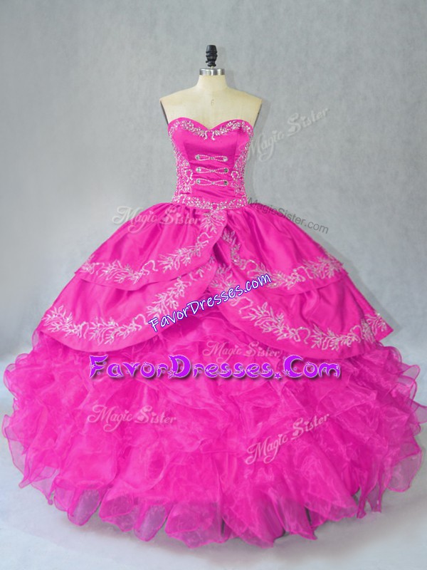 Admirable Fuchsia Sweet 16 Dress Sweet 16 and Quinceanera with Embroidery and Ruffles Sweetheart Sleeveless Lace Up