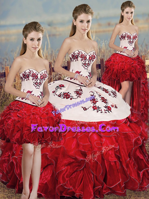 Pretty White And Red Organza Lace Up Vestidos de Quinceanera Sleeveless Floor Length Embroidery and Ruffles and Bowknot