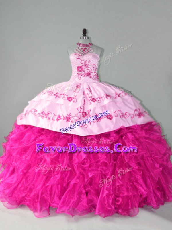  Sleeveless Court Train Embroidery and Ruffles Lace Up Vestidos de Quinceanera