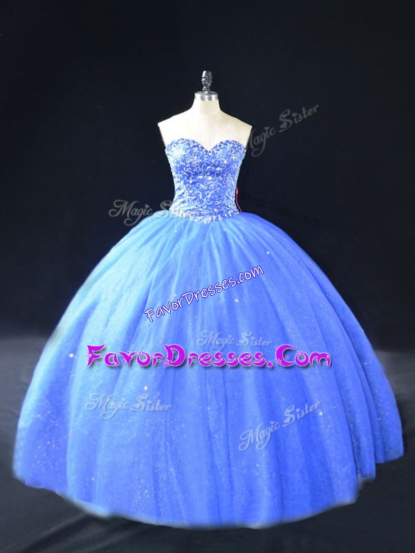  Blue Tulle Lace Up Sweetheart Sleeveless Floor Length Sweet 16 Dress Beading