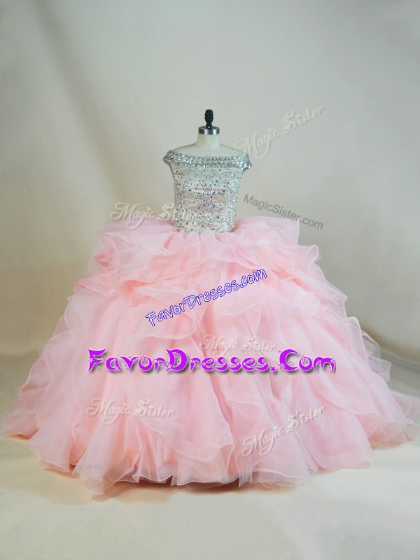 On Sale Pink Lace Up Off The Shoulder Beading and Ruffles Vestidos de Quinceanera Organza Sleeveless Brush Train
