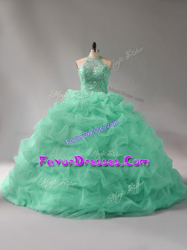 Lovely Apple Green Vestidos de Quinceanera Sweet 16 and Quinceanera with Beading and Pick Ups Halter Top Sleeveless Court Train Lace Up