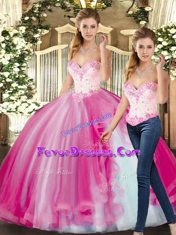 Modern Ball Gowns Quince Ball Gowns Fuchsia Sweetheart Tulle Sleeveless Floor Length Lace Up