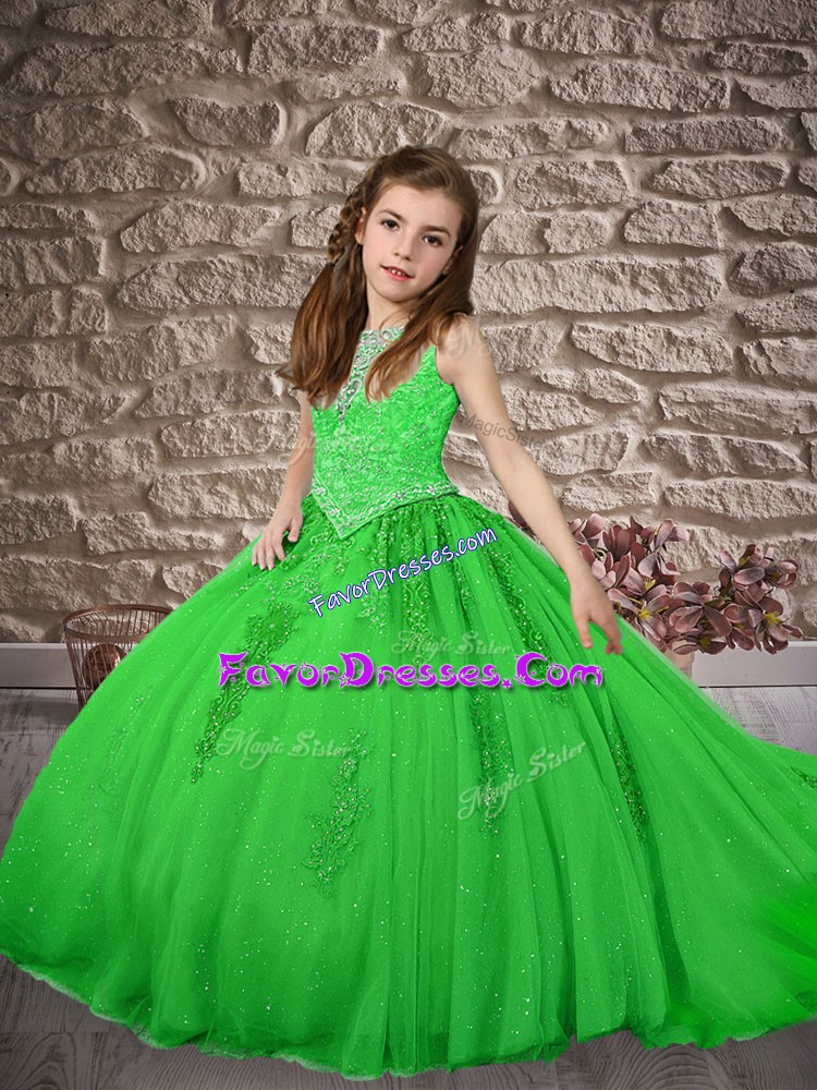  Sleeveless Brush Train Zipper Beading and Appliques Girls Pageant Dresses