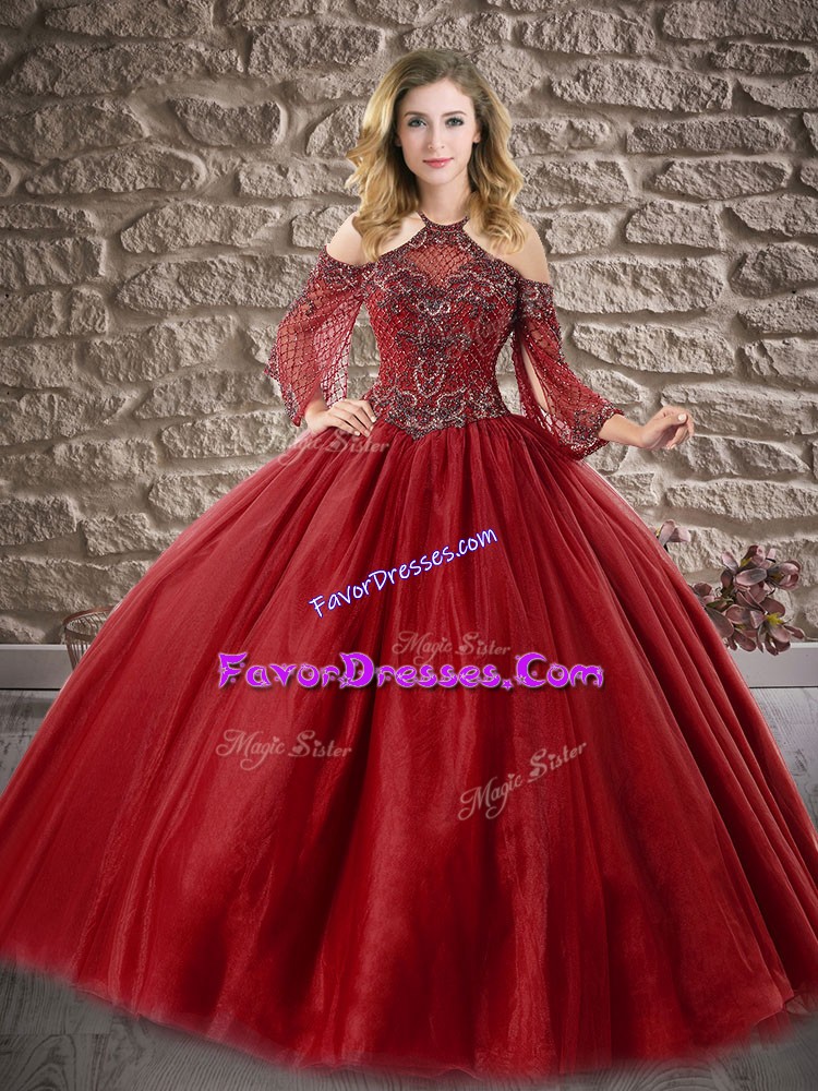 Stunning Wine Red Ball Gowns Halter Top 3 4 Length Sleeve Tulle Floor Length Zipper Beading 15th Birthday Dress