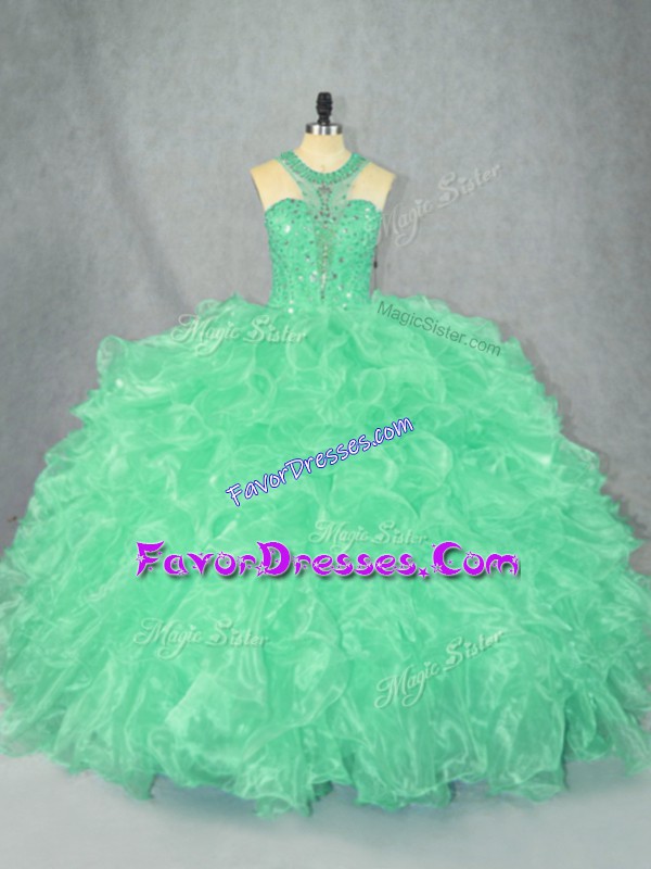  Apple Green Ball Gowns Beading and Ruffles Quinceanera Dress Zipper Organza Sleeveless Floor Length