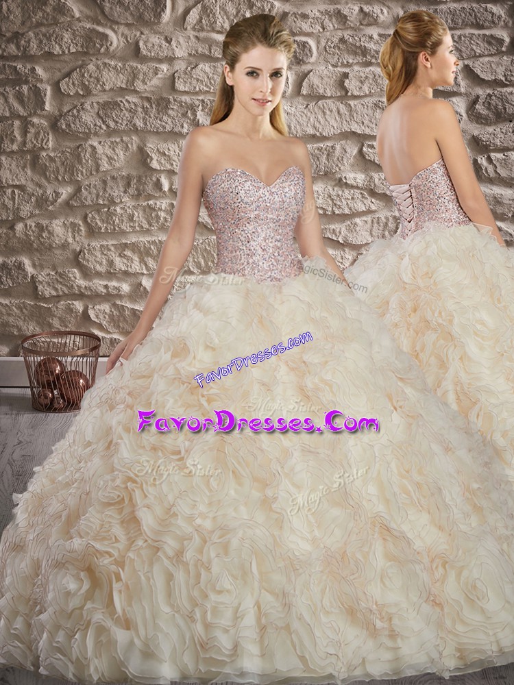  Sweetheart Sleeveless 15 Quinceanera Dress Brush Train Beading Champagne Fabric With Rolling Flowers