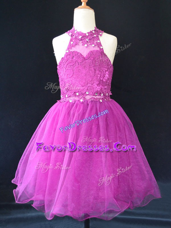 Latest Fuchsia Sleeveless Mini Length Beading and Lace Lace Up Child Pageant Dress