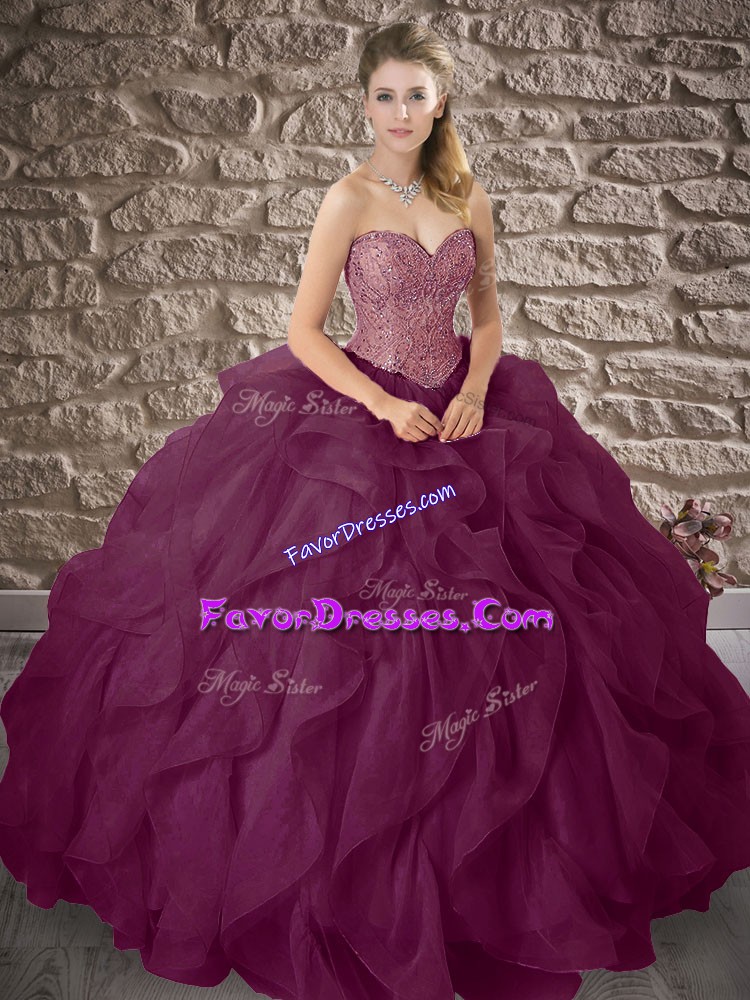 Best Selling Sweetheart Sleeveless Lace Up Quinceanera Gowns Dark Purple Organza