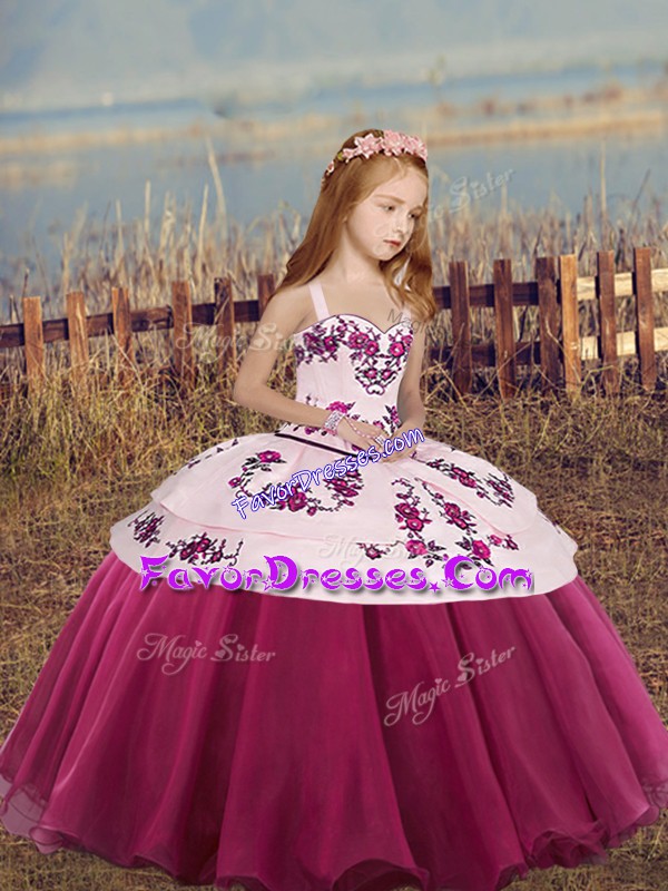 Pretty Embroidery and Bowknot Little Girls Pageant Dress Fuchsia Lace Up Sleeveless Floor Length
