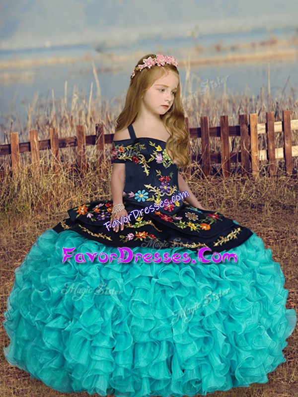  Short Sleeves Organza Floor Length Lace Up Kids Pageant Dress in Aqua Blue with Embroidery and Ruffles