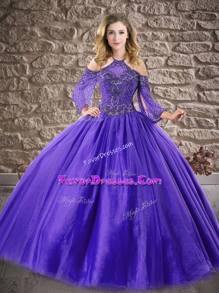 Customized Purple 3 4 Length Sleeve Tulle Zipper Vestidos de Quinceanera for Military Ball and Sweet 16 and Quinceanera