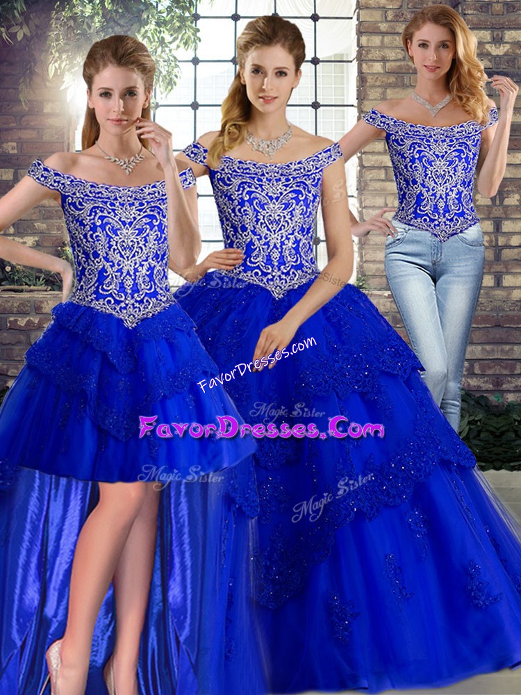  Royal Blue Three Pieces Beading and Lace 15 Quinceanera Dress Lace Up Tulle Sleeveless