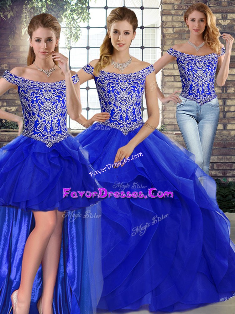  Royal Blue Lace Up Off The Shoulder Beading and Ruffles Vestidos de Quinceanera Tulle Sleeveless Brush Train