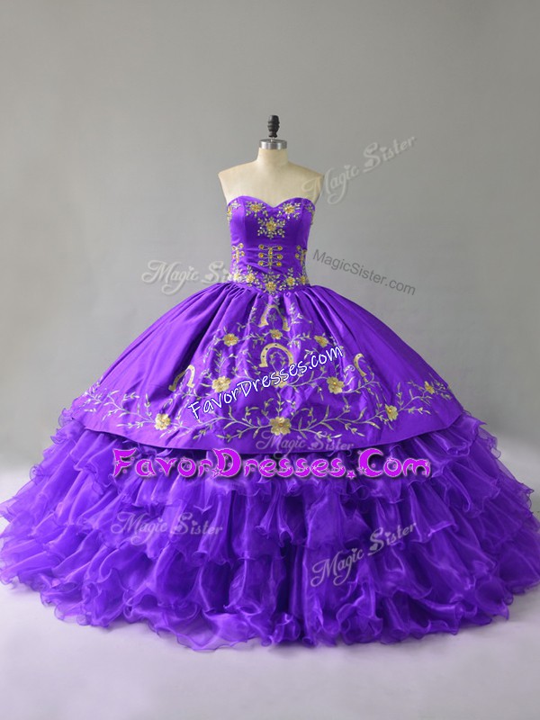 Glorious Purple Ball Gowns Organza Sweetheart Sleeveless Embroidery and Ruffles Floor Length Lace Up 15 Quinceanera Dress