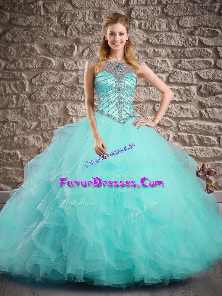  Scoop Sleeveless Tulle Quince Ball Gowns Beading and Ruffles Brush Train Lace Up
