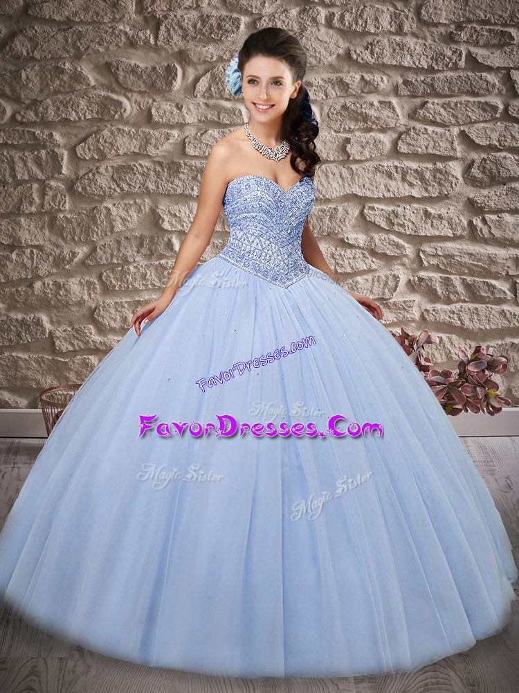  Blue Ball Gowns Sweetheart Sleeveless Tulle Floor Length Lace Up Beading Ball Gown Prom Dress