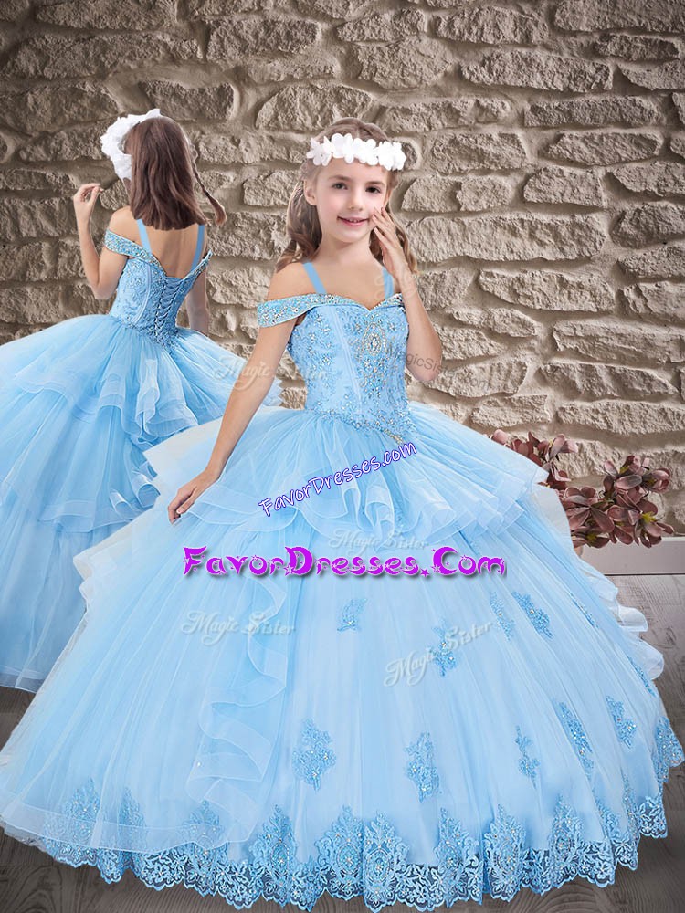 Excellent Light Blue Sleeveless Tulle Lace Up Pageant Gowns For Girls for Wedding Party