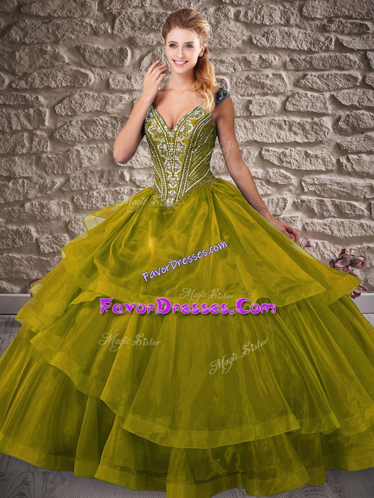 Top Selling Olive Green Sleeveless Brush Train Beading and Ruffled Layers 15 Quinceanera Dress