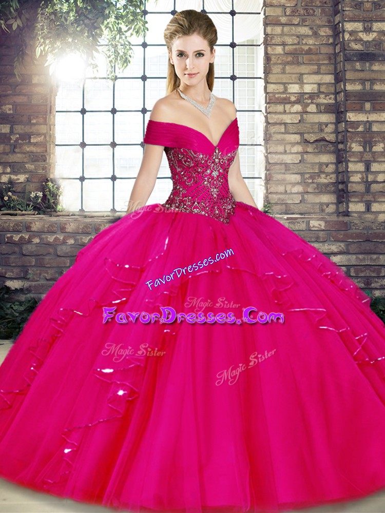  Fuchsia Tulle Lace Up Off The Shoulder Sleeveless Floor Length Quinceanera Dresses Beading and Ruffles