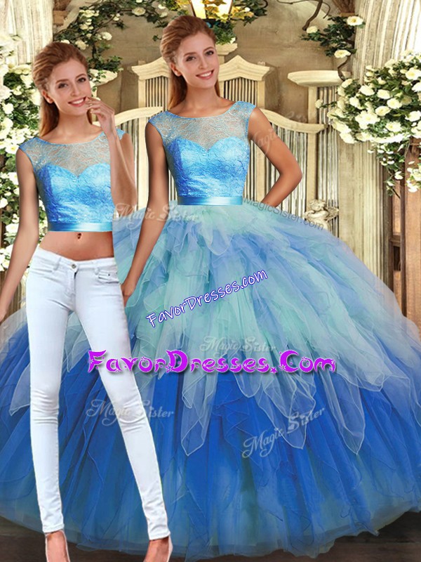 Romantic Sleeveless Tulle Floor Length Backless Vestidos de Quinceanera in Multi-color with Lace and Ruffles