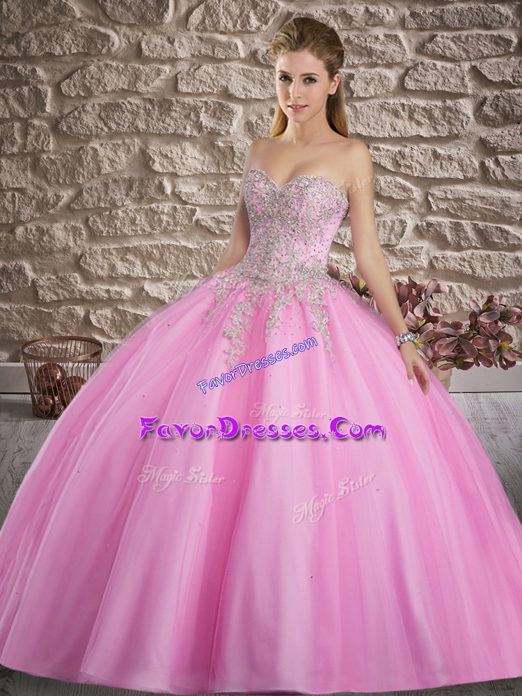 Hot Sale Ball Gowns Quinceanera Gown Rose Pink Sweetheart Tulle Sleeveless Floor Length Lace Up
