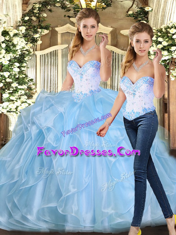 Glittering Ball Gowns Quinceanera Gown Blue Sweetheart Organza Sleeveless Floor Length Lace Up