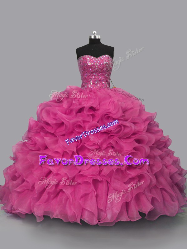 Gorgeous Hot Pink Sleeveless Floor Length Beading Lace Up Quinceanera Dress