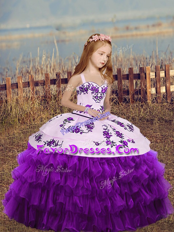 Dramatic Eggplant Purple Organza Lace Up Little Girls Pageant Dress Sleeveless Floor Length Embroidery and Ruffled Layers