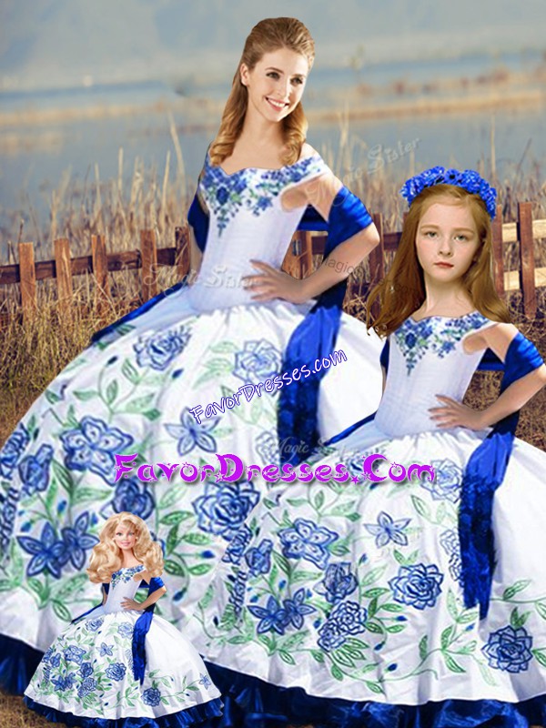 Shining Sleeveless Floor Length Embroidery and Ruffles Lace Up Quinceanera Dress with Blue And White