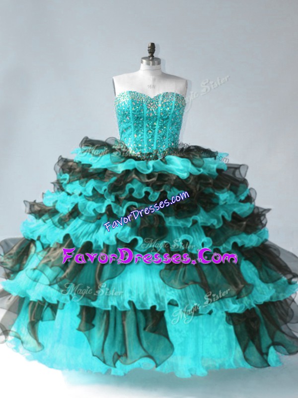 Sumptuous Blue And Black Ball Gowns Organza Sweetheart Sleeveless Beading and Ruffled Layers Floor Length Lace Up Quinceanera Dress