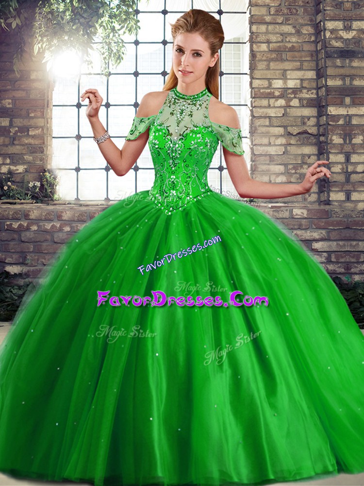 Enchanting Green Tulle Lace Up Quince Ball Gowns Sleeveless Brush Train Beading