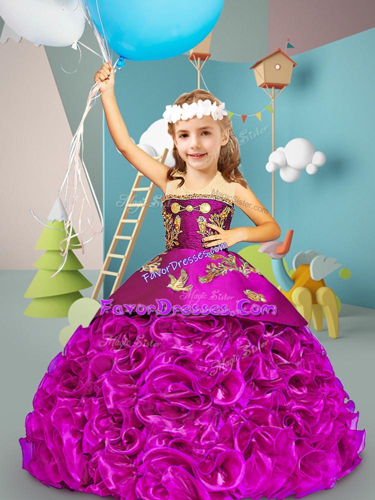 Latest Fuchsia Ball Gowns Scoop Sleeveless Fabric With Rolling Flowers Sweep Train Lace Up Embroidery Little Girl Pageant Dress