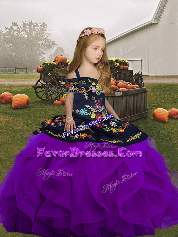  Purple Ball Gowns Tulle Straps Sleeveless Embroidery and Ruffles Floor Length Lace Up Girls Pageant Dresses