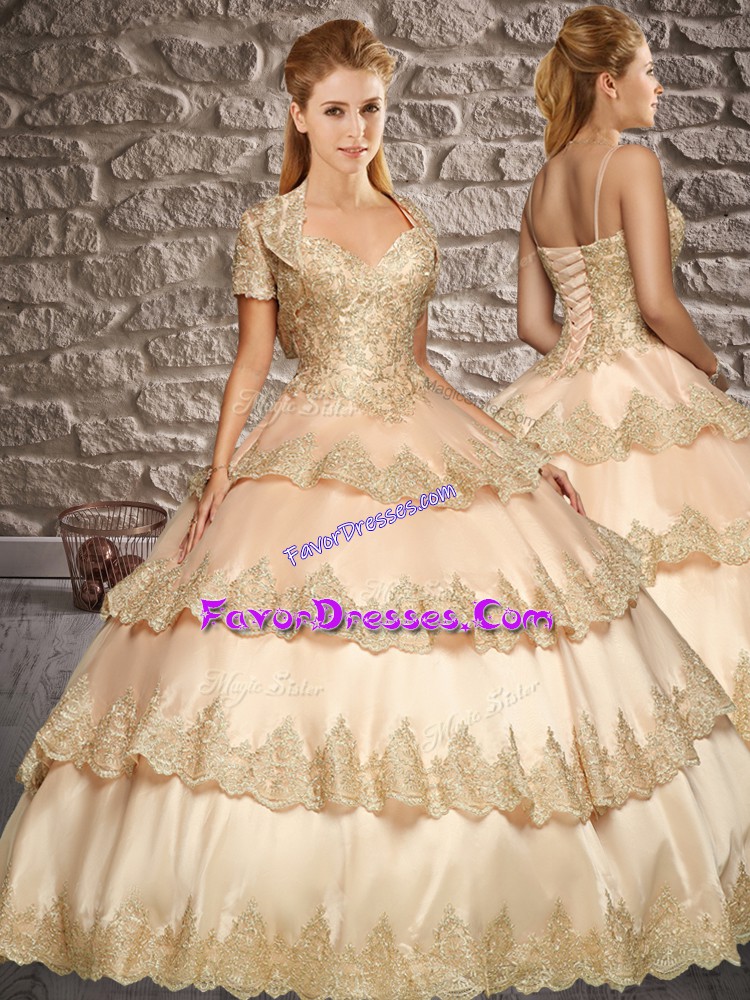  Champagne Straps Neckline Appliques and Ruffled Layers Sweet 16 Dress Sleeveless Lace Up