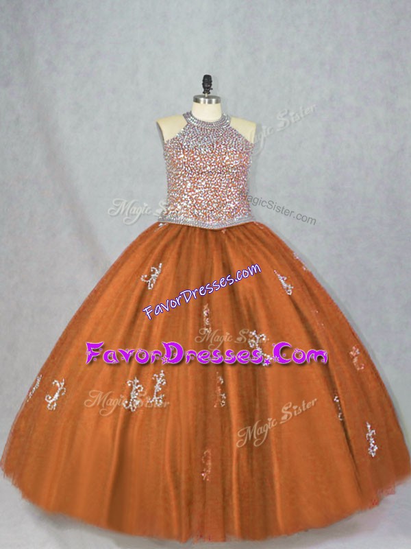  Brown Sleeveless Tulle Lace Up Sweet 16 Quinceanera Dress for Sweet 16 and Quinceanera
