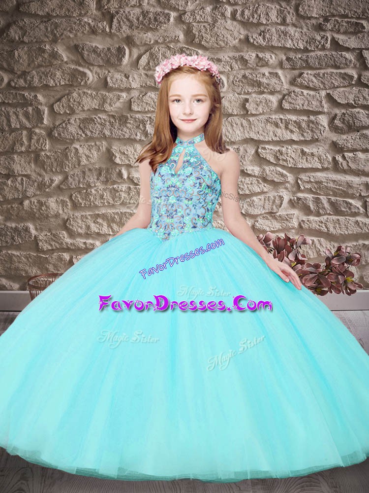 Aqua Blue Little Girl Pageant Dress Wedding Party with Embroidery Halter Top Sleeveless Sweep Train Lace Up