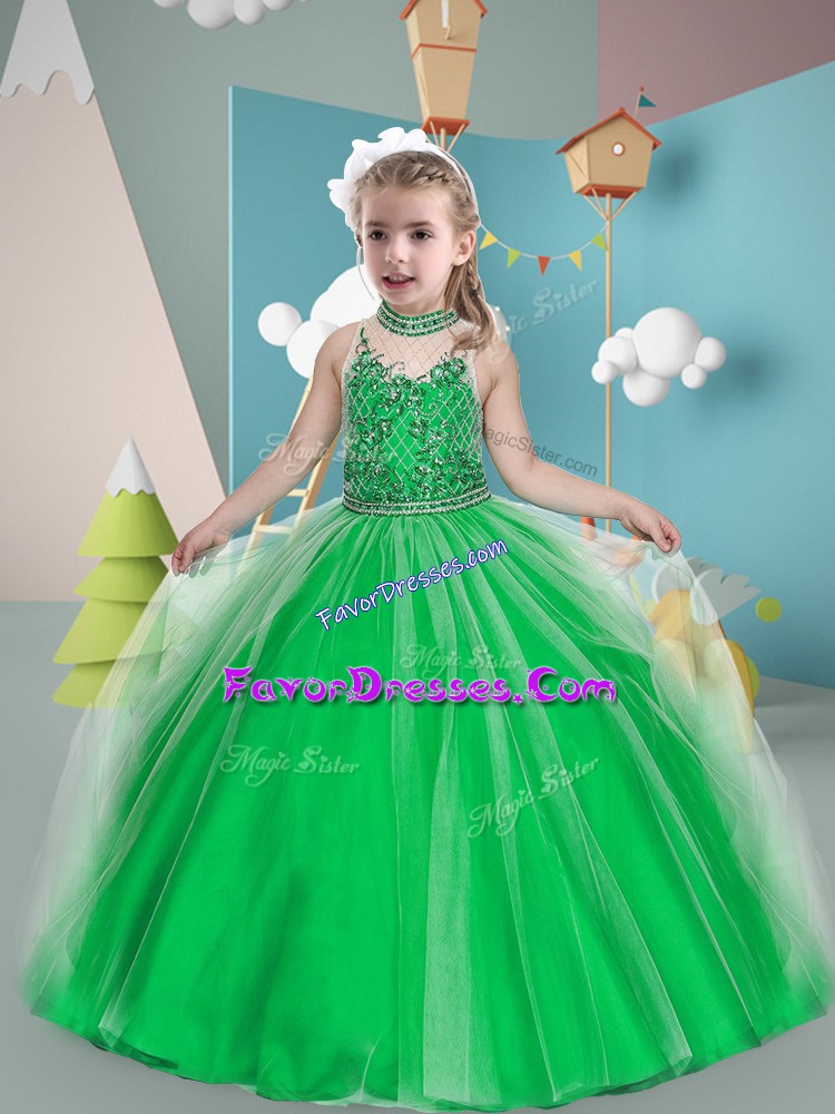 Hot Sale Green Sleeveless Floor Length Beading Zipper Kids Pageant Dress