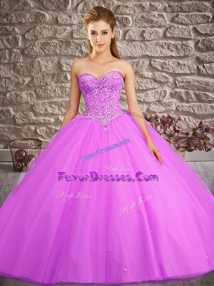 Stunning Lilac Quinceanera Dresses Military Ball and Sweet 16 and Quinceanera with Beading Sweetheart Sleeveless Brush Train Lace Up