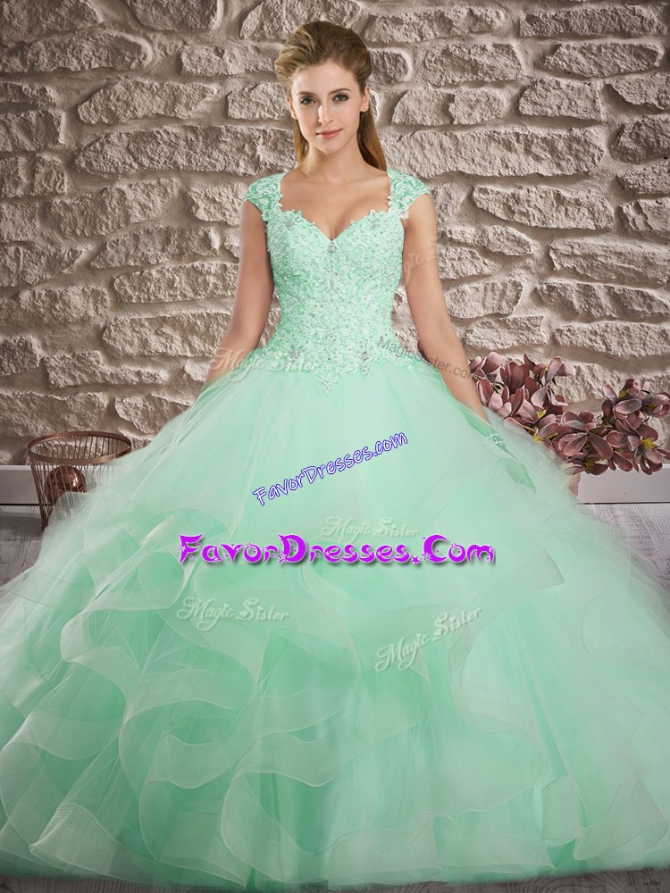 Noble Apple Green Ball Gowns Straps Sleeveless Tulle Brush Train Lace Up Lace and Ruffles Quinceanera Dress