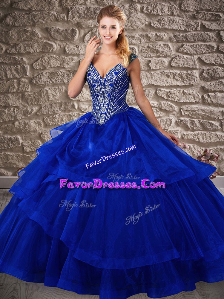Enchanting Royal Blue 15 Quinceanera Dress V-neck Sleeveless Brush Train Lace Up